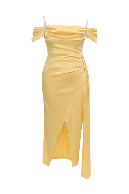 Satin drape high split midi dresses in yellow
