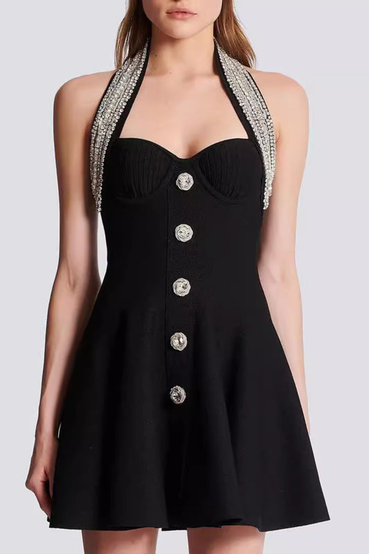 Halter buckle mini dresses in black
