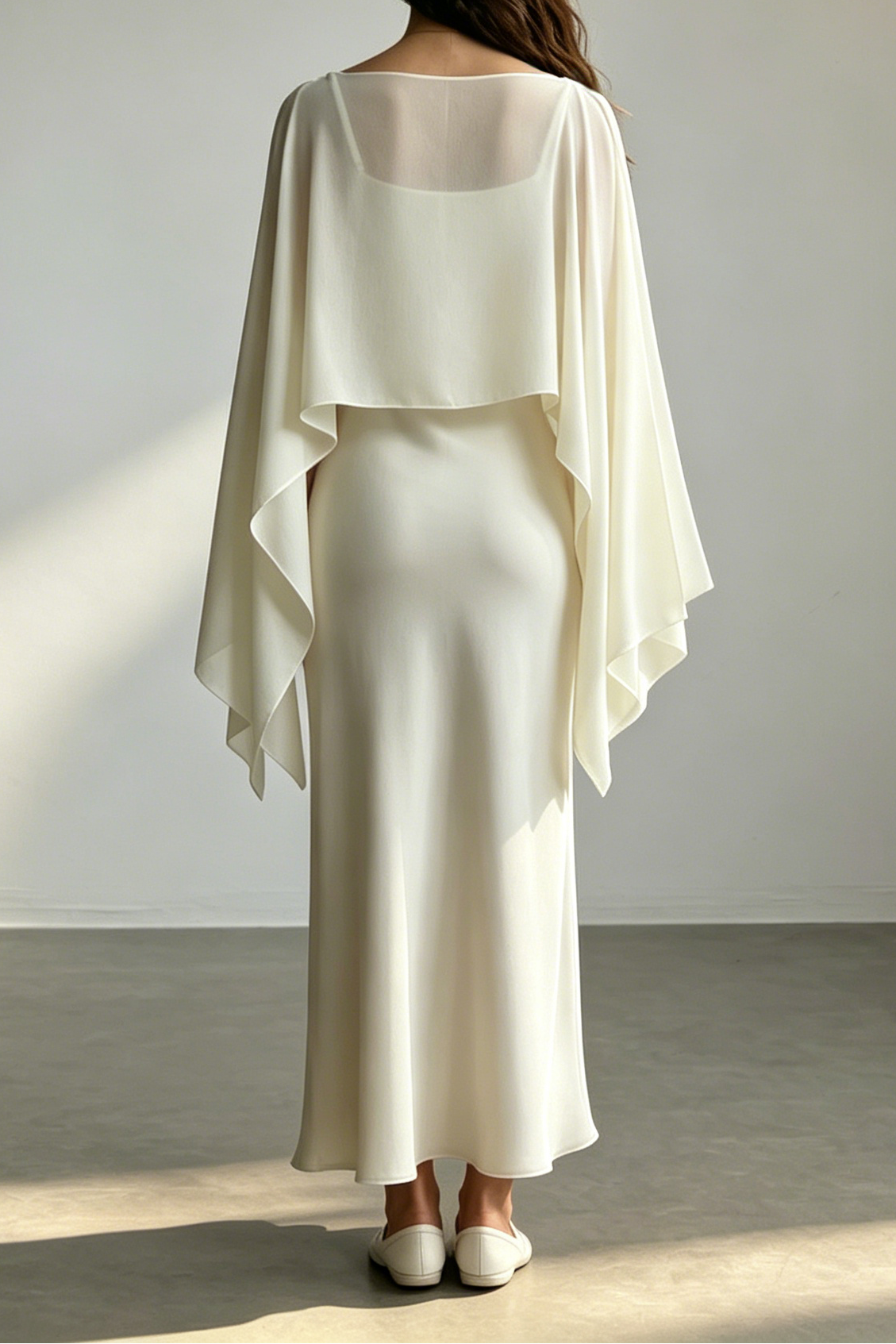 Ivory Satin Midi Slip Dress With Matching Chiffon Cape Overlay