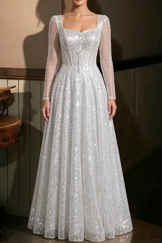 Silver Sequined Tulle Overlay A-Line Evening Gown