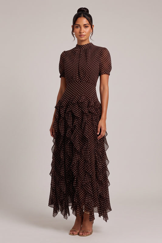 Brown Polka Dot Tiered Ruffle Midi Dress Premium Fabric - product view 1