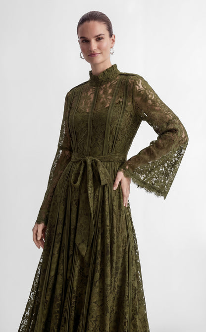 Olive Green Floral Lace High Neck Bell Sleeve Self-Tie Waist Maxi Dress