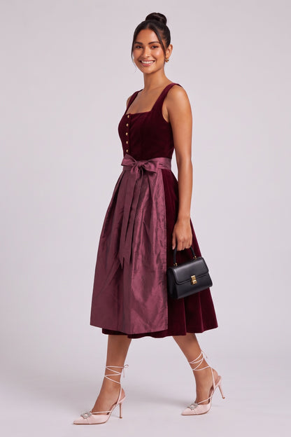 Burgundy Velvet A-line Dirndl dress with apron Burgundy Velvet Dirndl dress with apron - product view 3