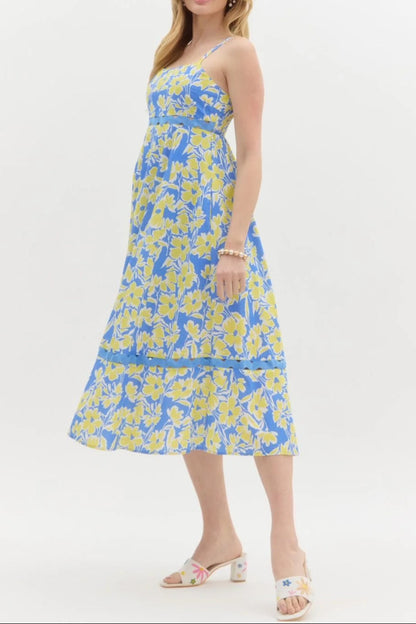 wallis floral print hollow midi dress in blue