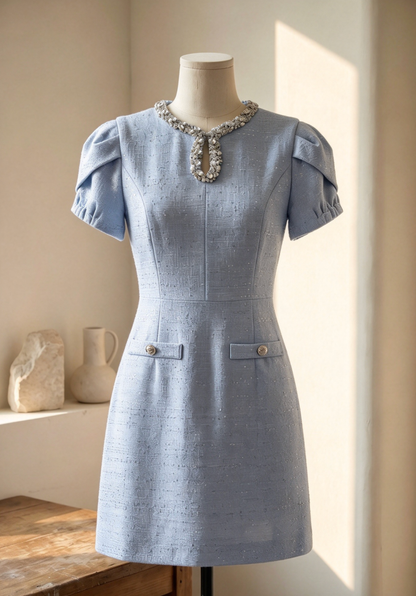 Light Blue Tweed Mini Dress with Crystal Neckline