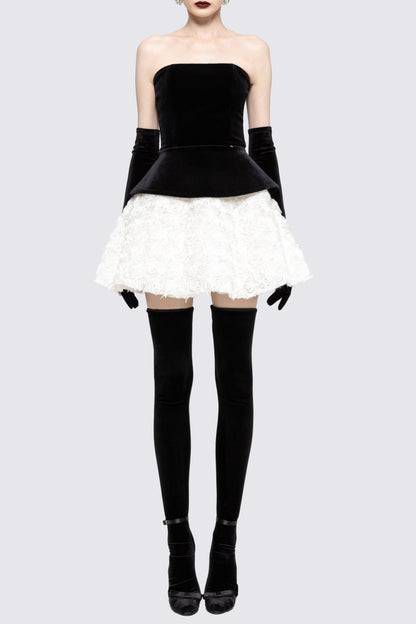 Petal-layered velvet top mini skirt suit without glove - black/white