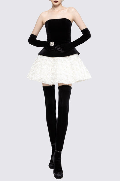 Petal-layered velvet top mini skirt suit without glove - black/white