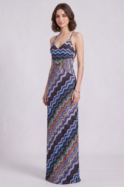 Blue Fine Knit Chevron Maxi Dress blue, purple, black, white fine knit maxi dress - product view 4