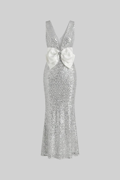 Sequin Maxi Dress With Satin Bow Detail - Light Grey