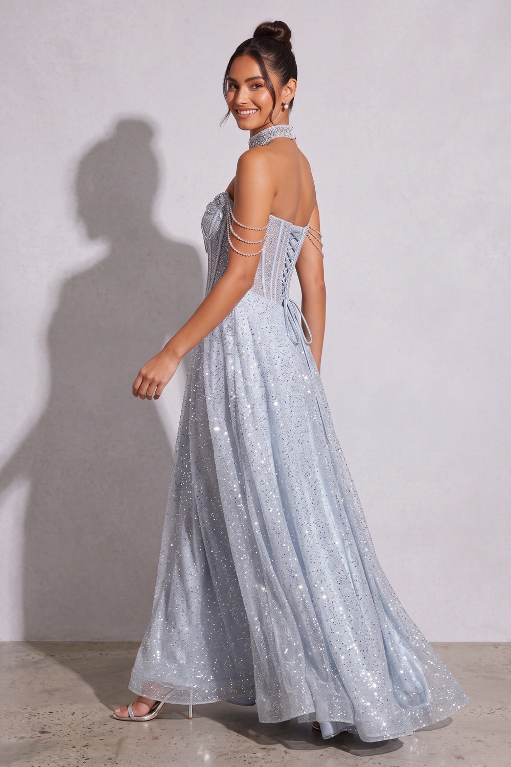 Ice blue Glitter-dusted tulle A-line Gown Ice blue, Silver Glitter-dusted tulle Gown - product view 2
