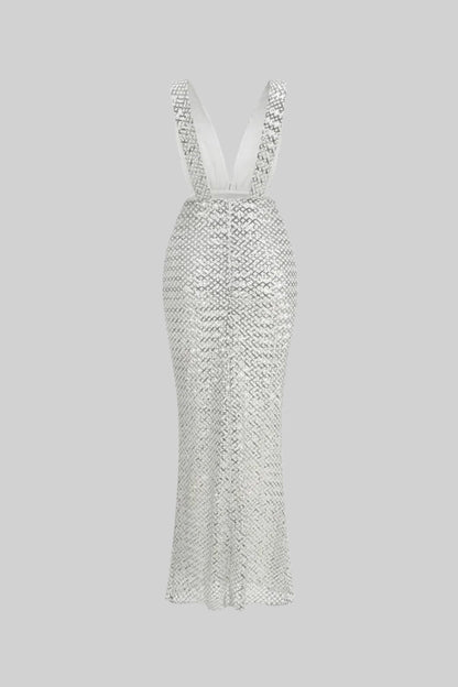 Sequin Maxi Dress With Satin Bow Detail - Light Grey