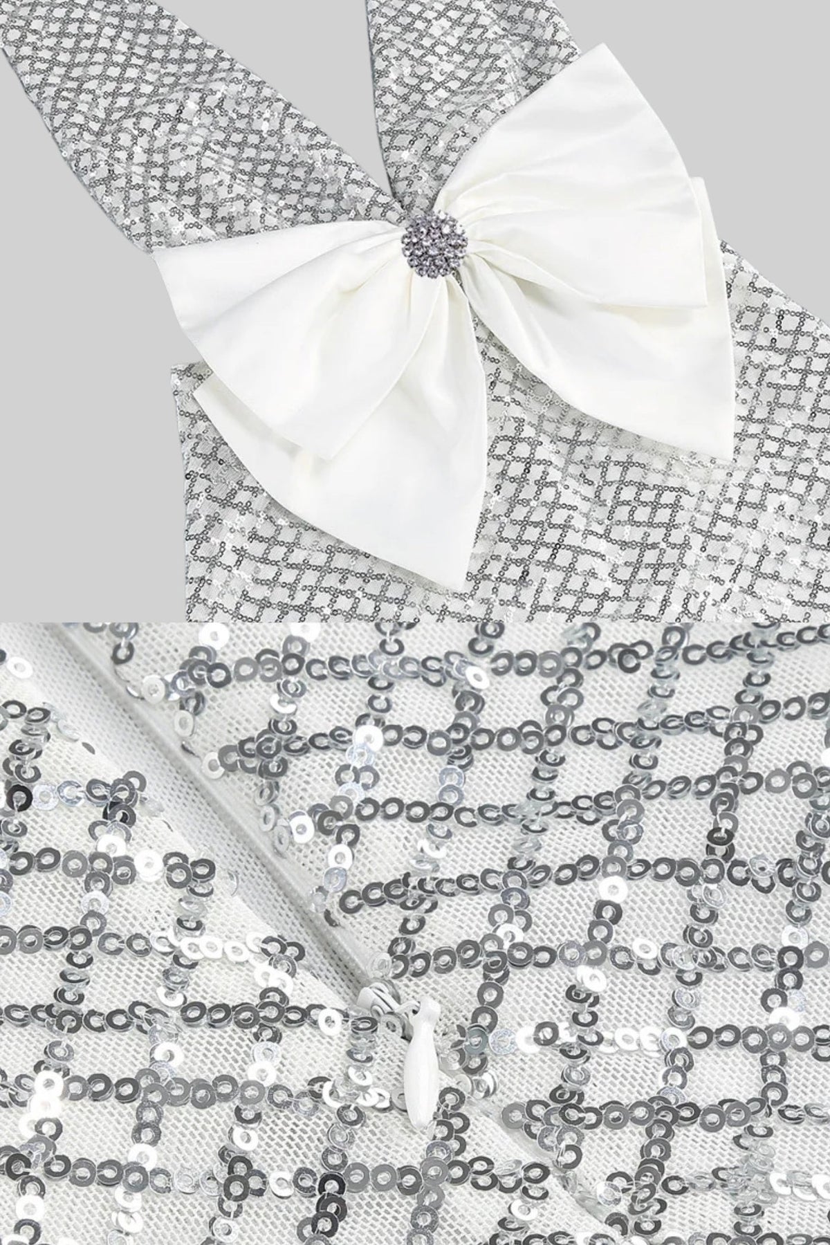 Sequin Maxi Dress With Satin Bow Detail - Light Grey