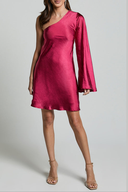 One Shoulder Long Sleeve Dress in Berry