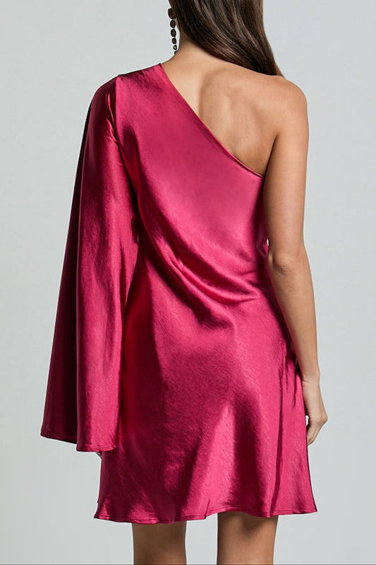 One Shoulder Long Sleeve Dress in Berry