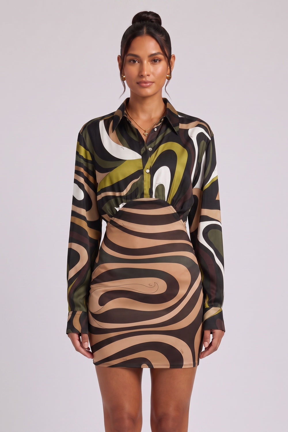 olive green satin-weave silk or synthetic blend fitted skirt with relaxed blouson bodice hybrid shirt mini dress olive green, tan, black, white satin-weave silk or synthetic blend hybrid shirt mini dress - product view 2