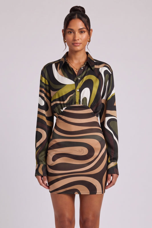 olive green satin-weave silk or synthetic blend fitted skirt with relaxed blouson bodice hybrid shirt mini dress olive green, tan, black, white satin-weave silk or synthetic blend hybrid shirt mini dress - product view 2