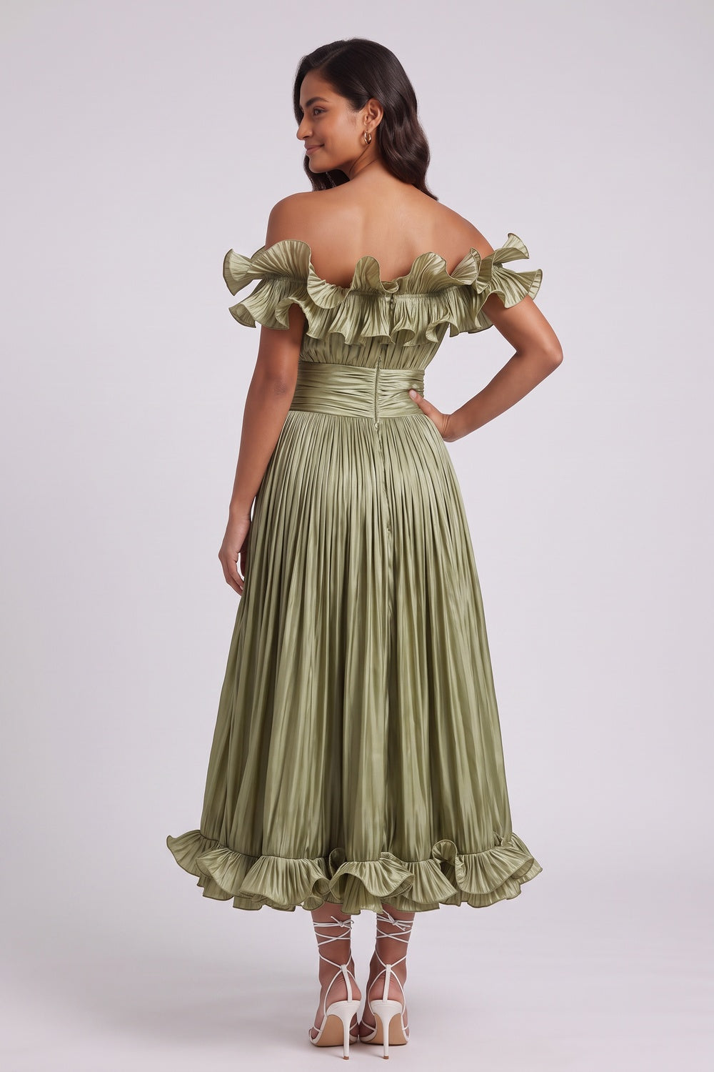 olive green pleated satin or taffeta fit-and-flare, off-the-shoulder midi dress olive green pleated satin or taffeta midi dress - product view 5