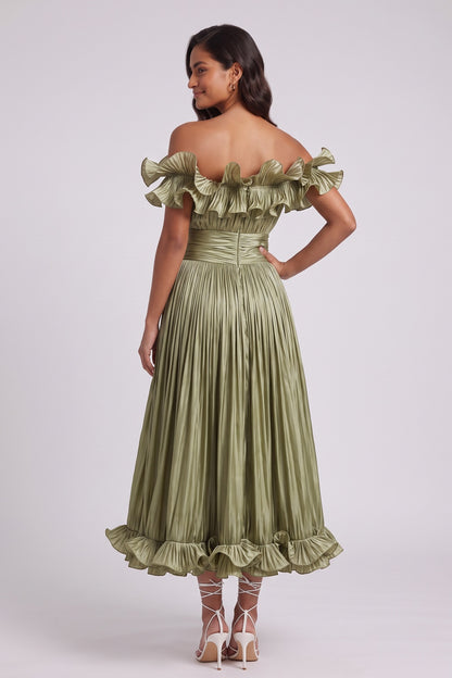 olive green pleated satin or taffeta fit-and-flare, off-the-shoulder midi dress olive green pleated satin or taffeta midi dress - product view 5