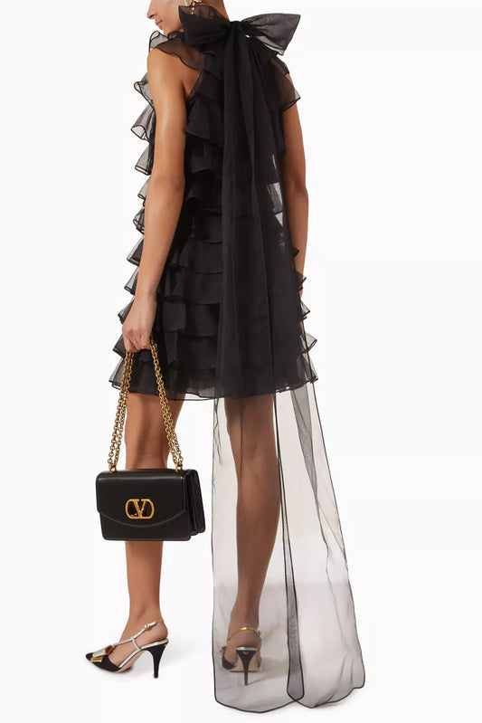 poppy Ruffle Silk Organza sleeveless Mini Dress in black