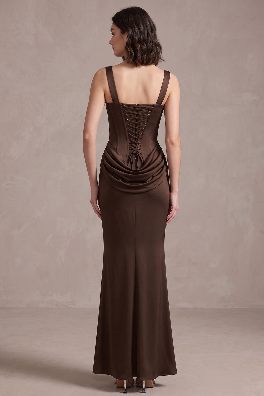 Dark Brown Satin Fitted Column Evening Gown with Draped Hip dark brown satin evening gown - product view 5