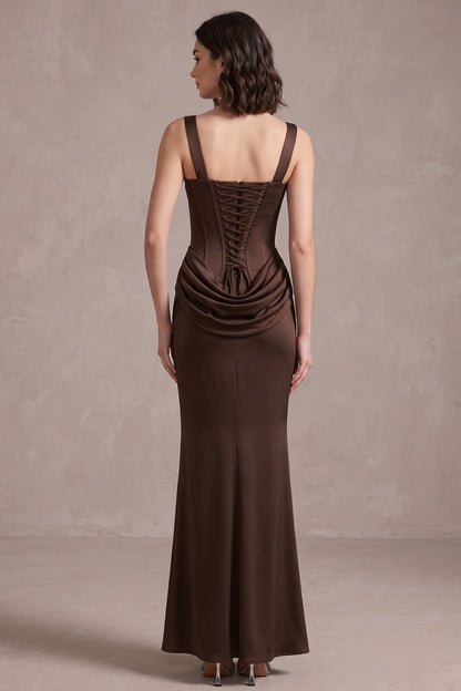 Dark Brown Satin Fitted Column Evening Gown with Draped Hip dark brown satin evening gown - product view 5