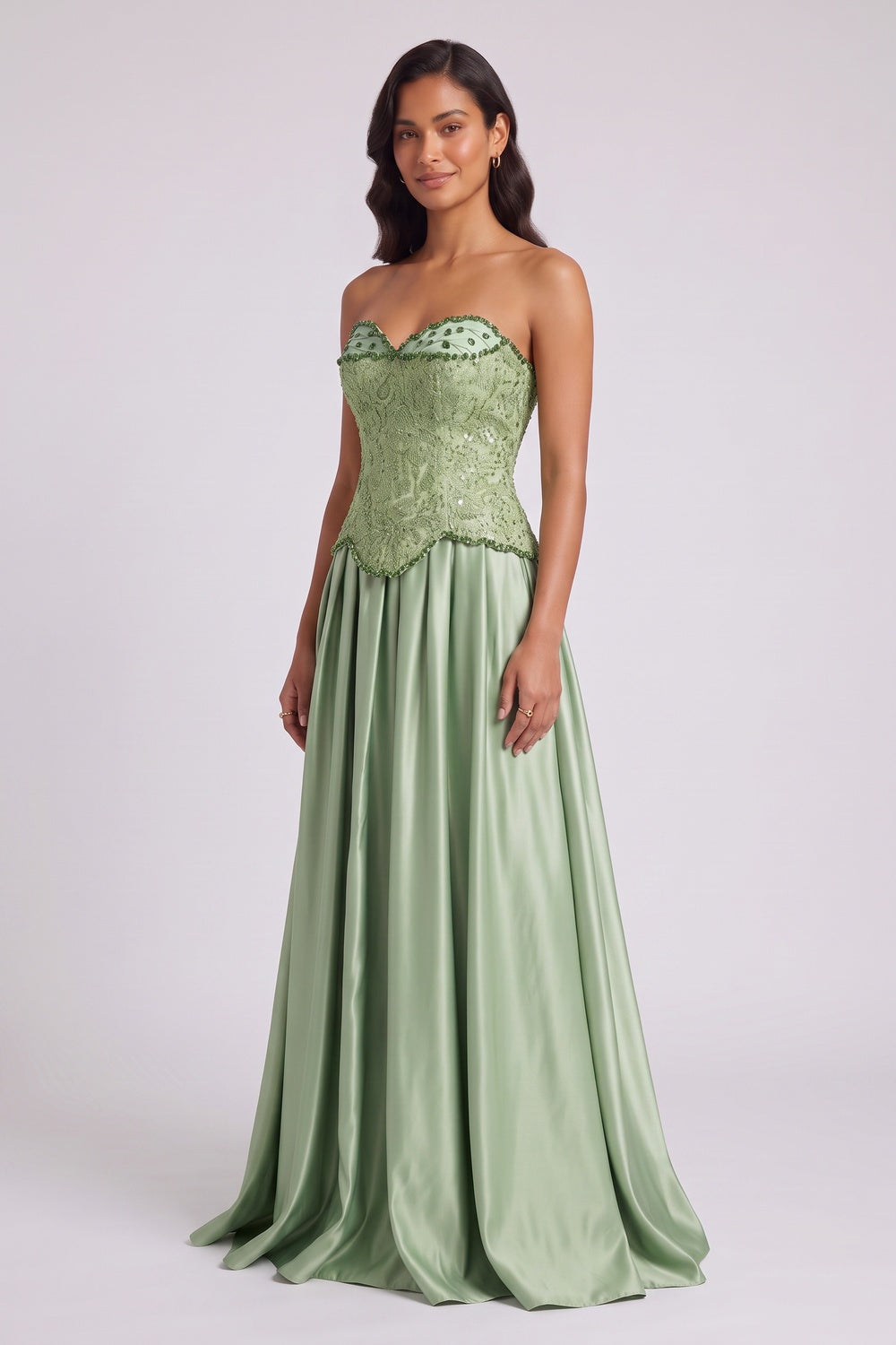 Sage Green Strapless Floor-Length Gown with Embellished Bodice Premium Fabric - product view 3