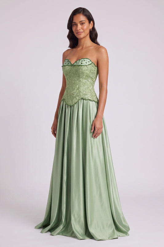 Sage Green Strapless Floor-Length Gown with Embellished Bodice Premium Fabric - product view 3