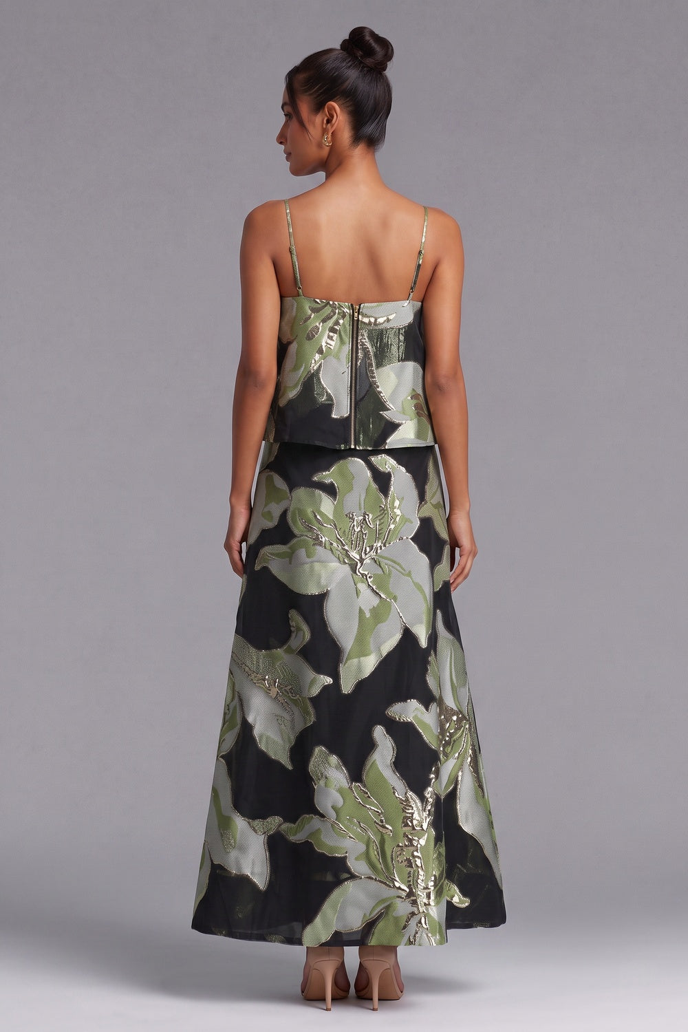 Black Metallic Floral Jacquard Two-Piece Set with Cropped Trapeze Top and Maxi Skirt black metallic floral jacquard two-piece matching set - product view 5