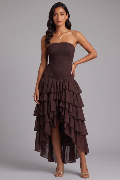 Strapless Smocked Tiered High Low Midi Dress