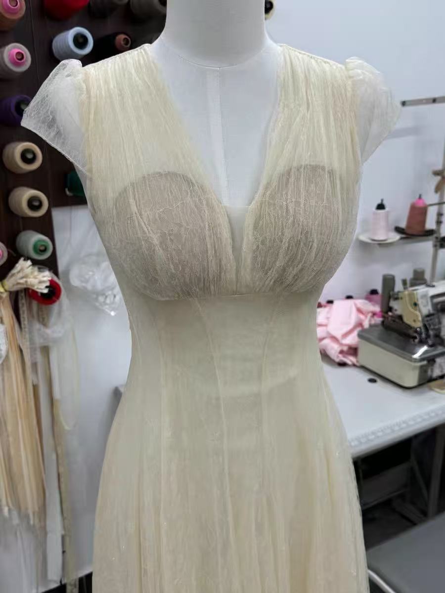 Glitter Tulle Cap Sleeve V-Neck Empire Waist Flowy Maxi Dress