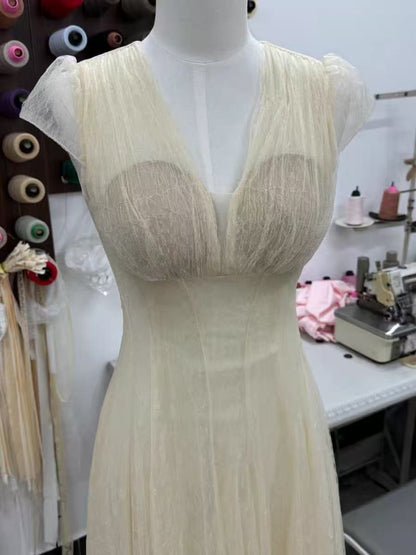 Glitter Tulle Cap Sleeve V-Neck Empire Waist Flowy Maxi Dress