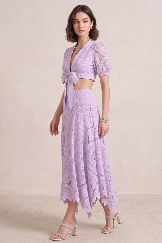 lavender openwork crochet-style lace fitted crop top and flared A-line skirt two-piece set lavender openwork crochet-style lace two-piece set - product view 2