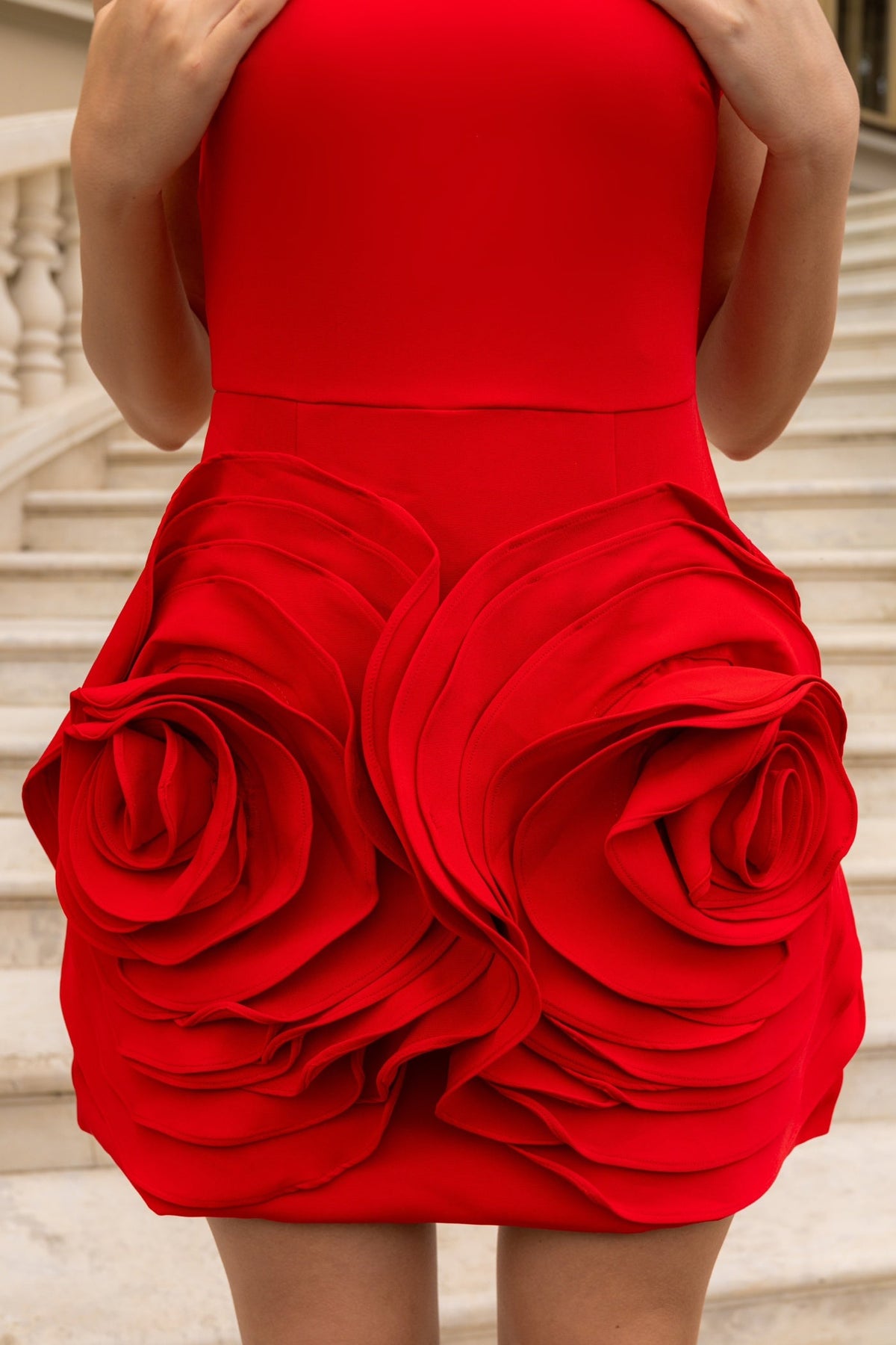 Sleeveless Mini Dress with Voluminous Floral Details - Red