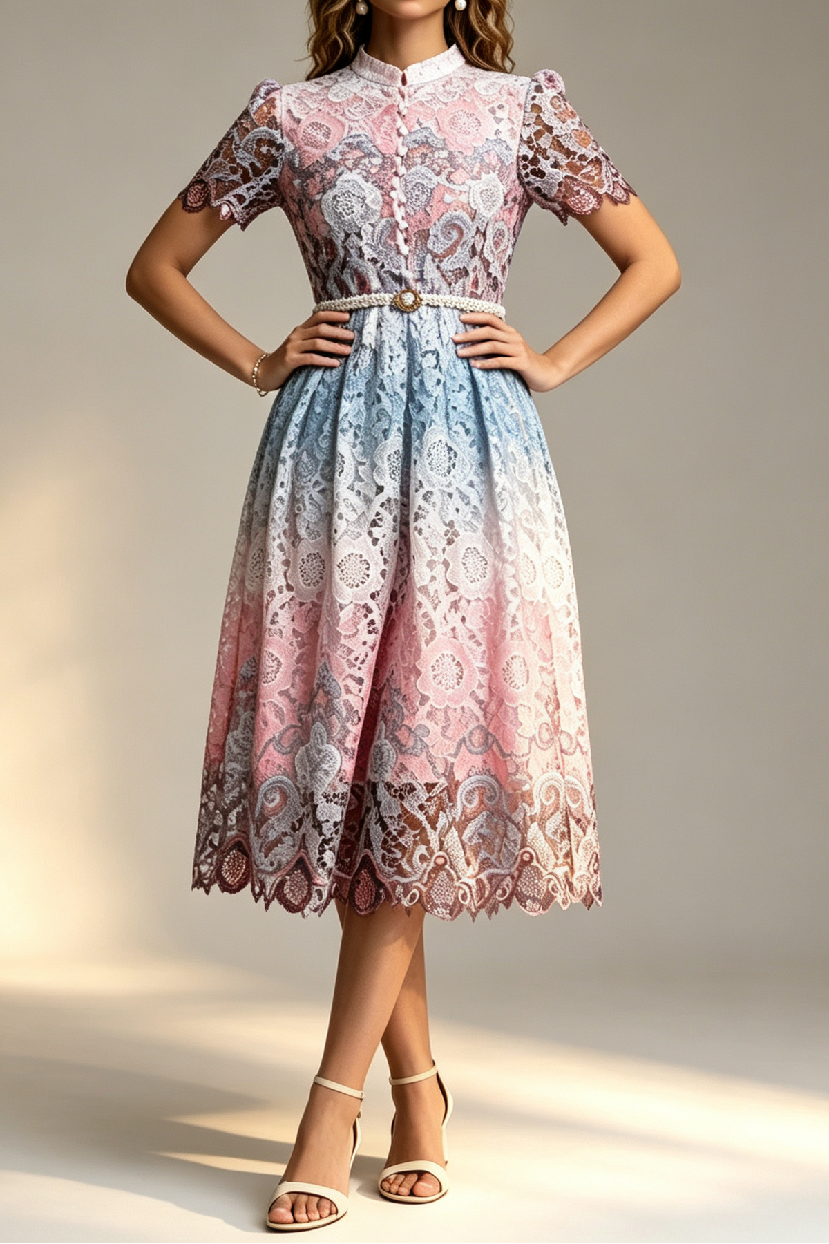 Ombre Gradient Floral Lace Stand Collar Short Puff Sleeve Pearl Button Rhinestone Belt A-Line Midi Dress
