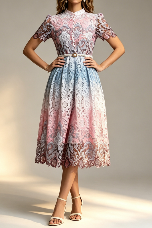 Ombre Gradient Floral Lace Stand Collar Short Puff Sleeve Pearl Button Rhinestone Belt A-Line Midi Dress