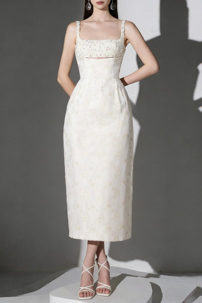 BEADED BROCADE PENCIL MIDI DRESS