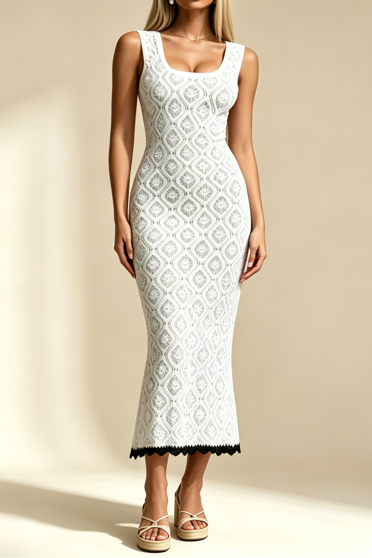 White Hollow Crochet Square Neck Sleeveless Mermaid Midi Dress With Black Fringe Hem
