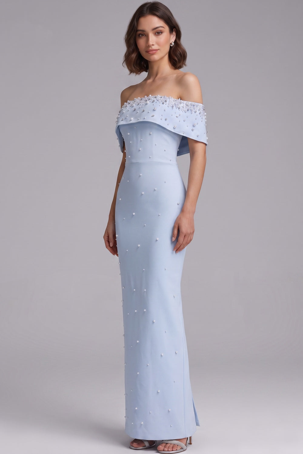 Light Blue Structured Crepe Column Gown with Pearl Embellishments light blue structured crepe gown - product view 3