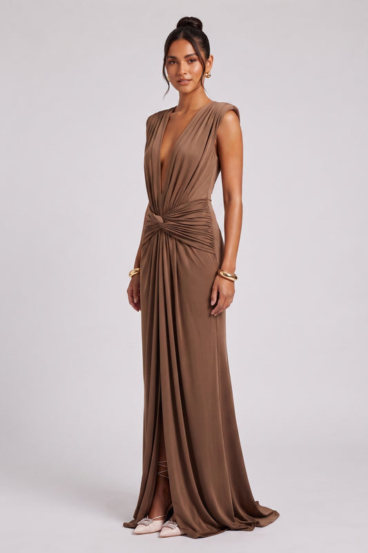 Brown Jersey Column Gown with Twist Detail brown jersey gown - product view 1
