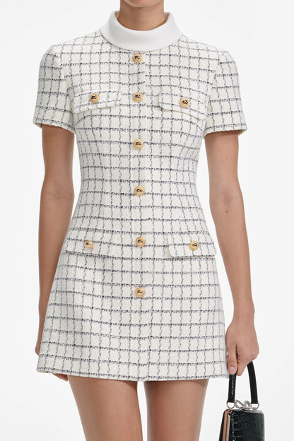 Decorative buttons Check Mini dress in white