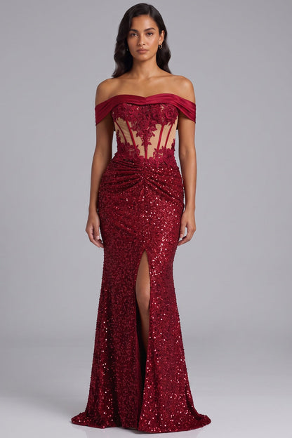 Deep Red Sequin Off-the-Shoulder Mermaid Gown Premium Fabric - product view 1
