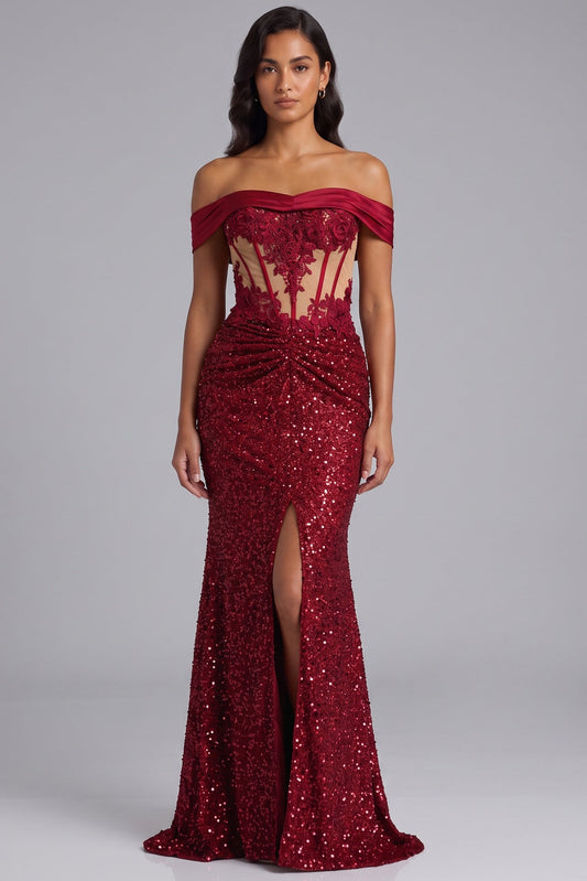 Deep Red Sequin Off-the-Shoulder Mermaid Gown Premium Fabric - product view 1