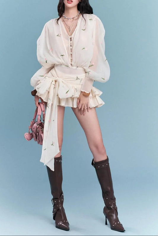 amelia Embroidered floral V-neck ruffle mini dress in apricot