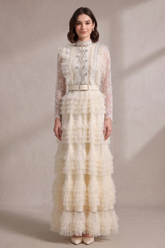 cream tulle a-line gown cream, ivory tulle gown - product view 3