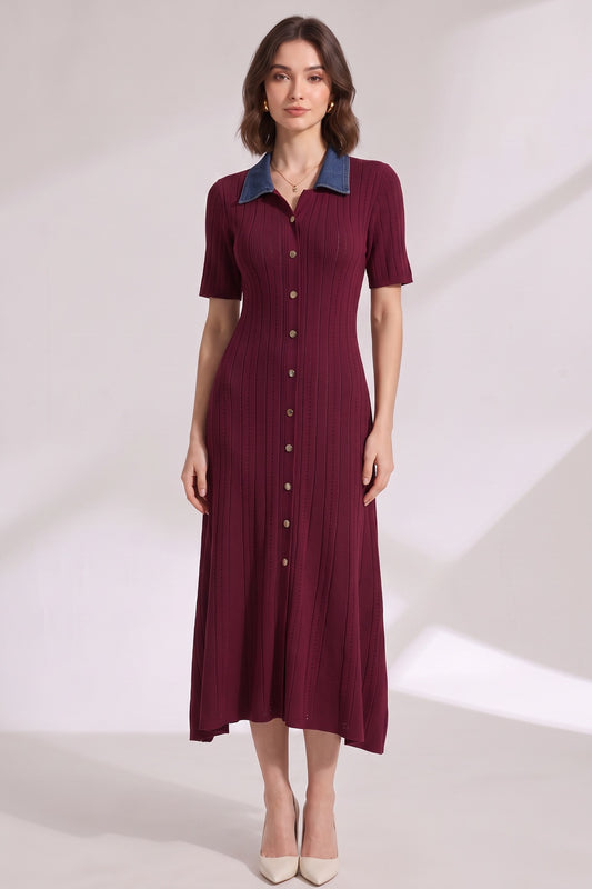 burgundy ribbed knit A-line dress burgundy ribbed knit dress - product view 2