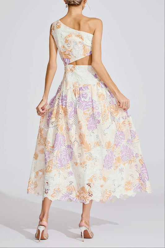 kimberley Yellow One-Shoulder floral print cutout Maxi Dress