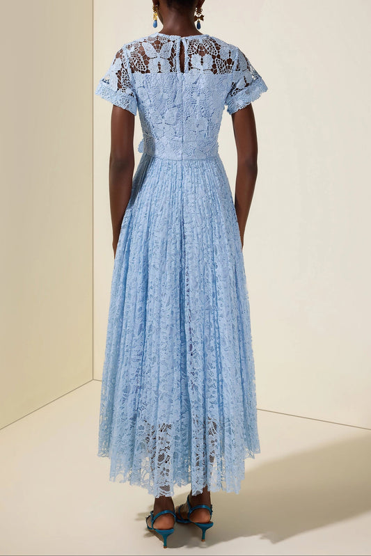 selena Lace Butterfly Pleated Midi Dress - blue