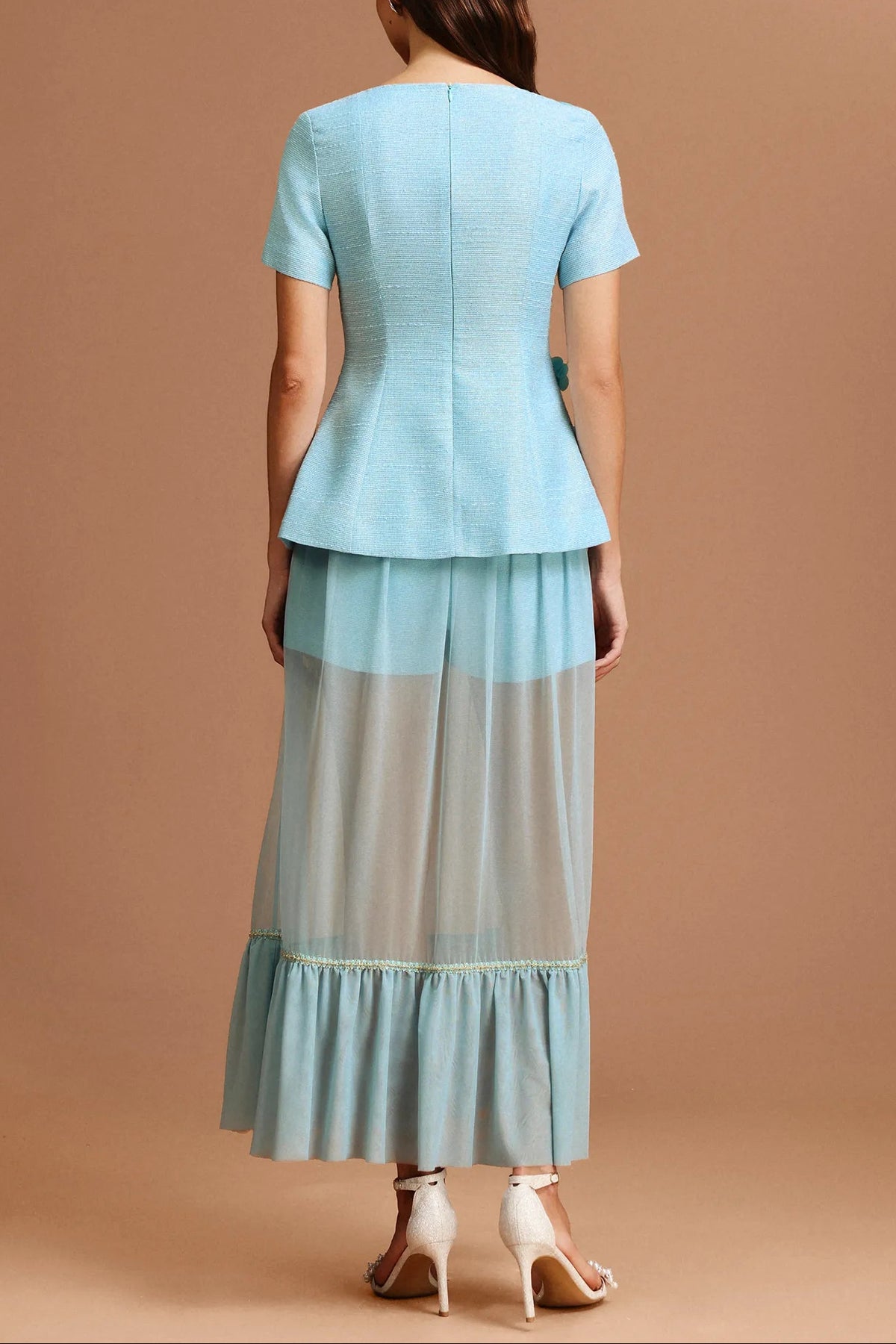 ursula blue Short Sleeves Flowers Folds Top And Skirt Two-Piece Set