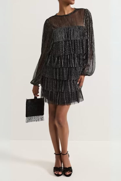 layer chiffon puff mini dress in black