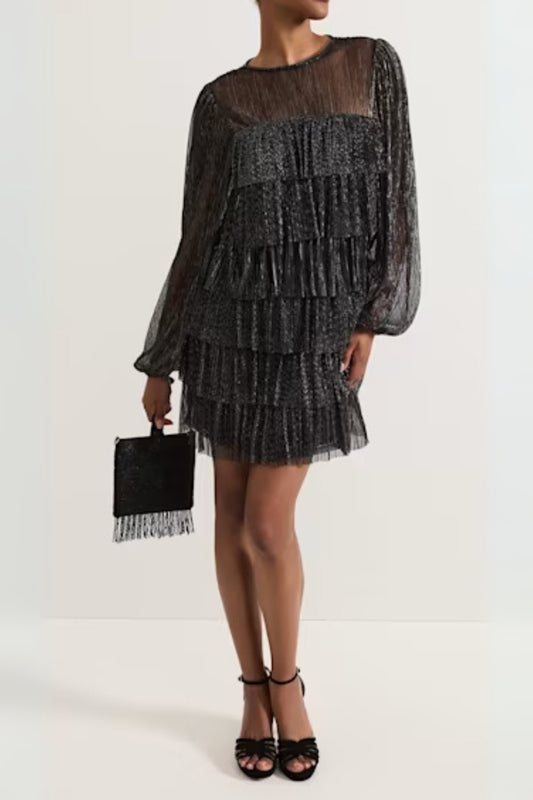 layer chiffon puff mini dress in black
